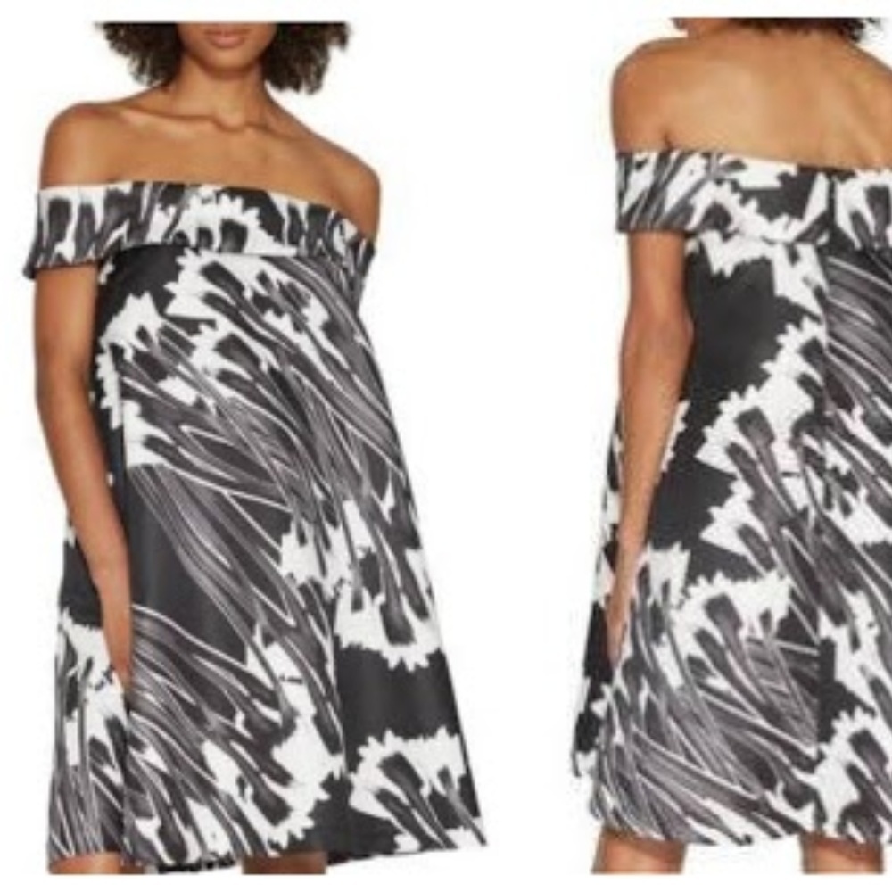 Halston Heritage Crocus Print Off-Shoulder Dress